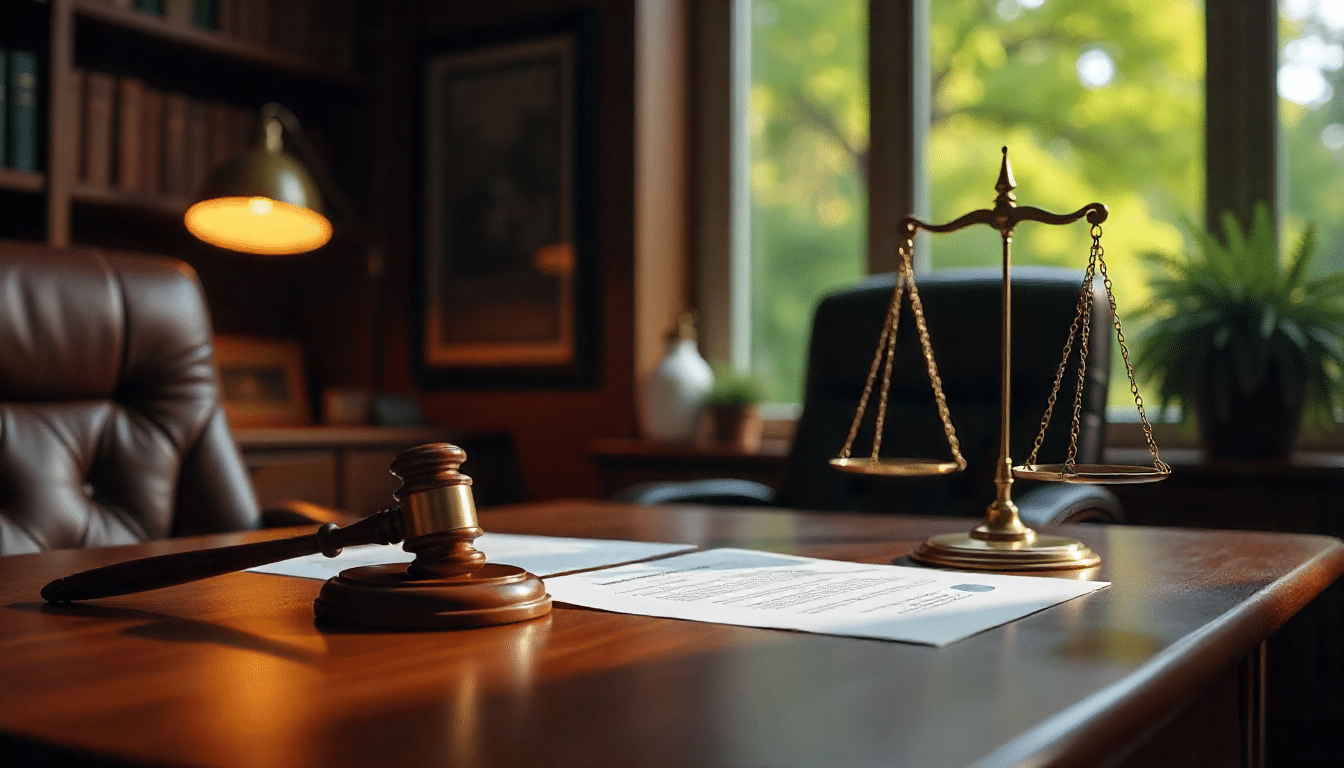 Professional law office interior with mahogany desk featuring legal documents, gavel, and brass scales of justice. 