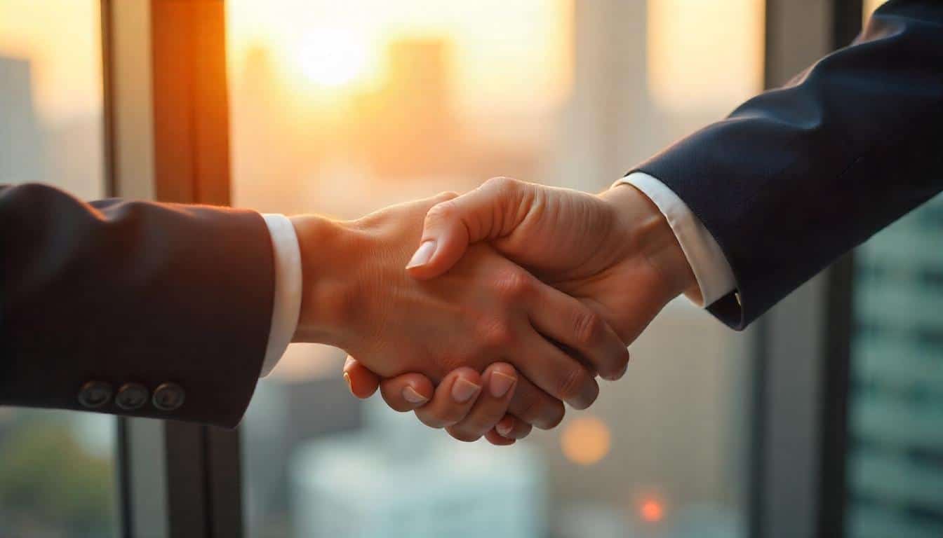 Hands shaking in a professional setting, symbolizing partnership and trust in legal representation at Frenkel & Frenkel law firm.
