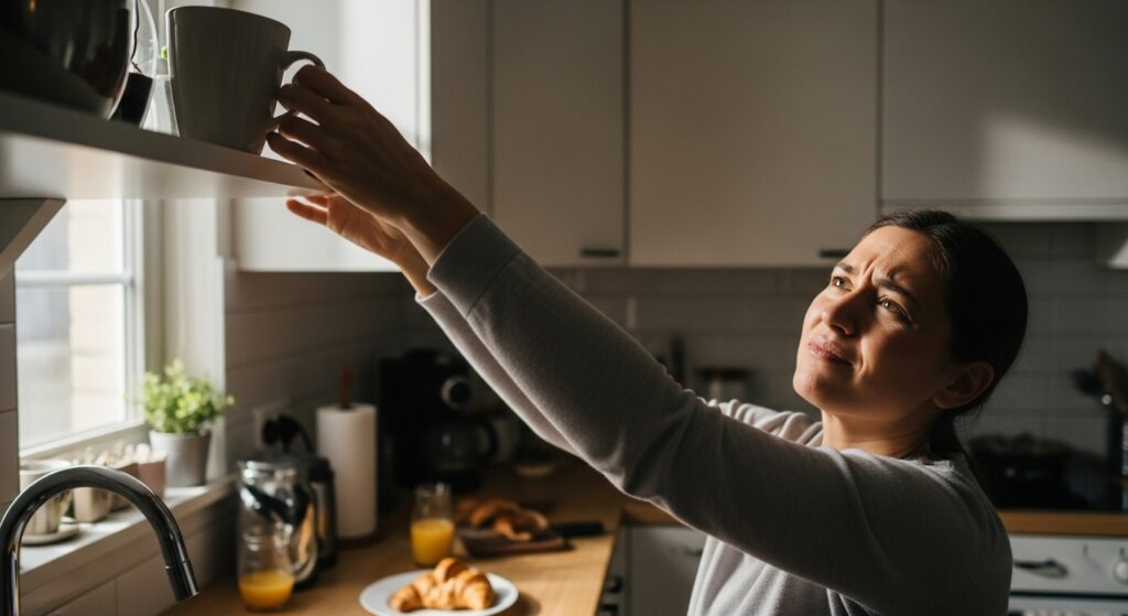 A women in pain reaching for a cup. 