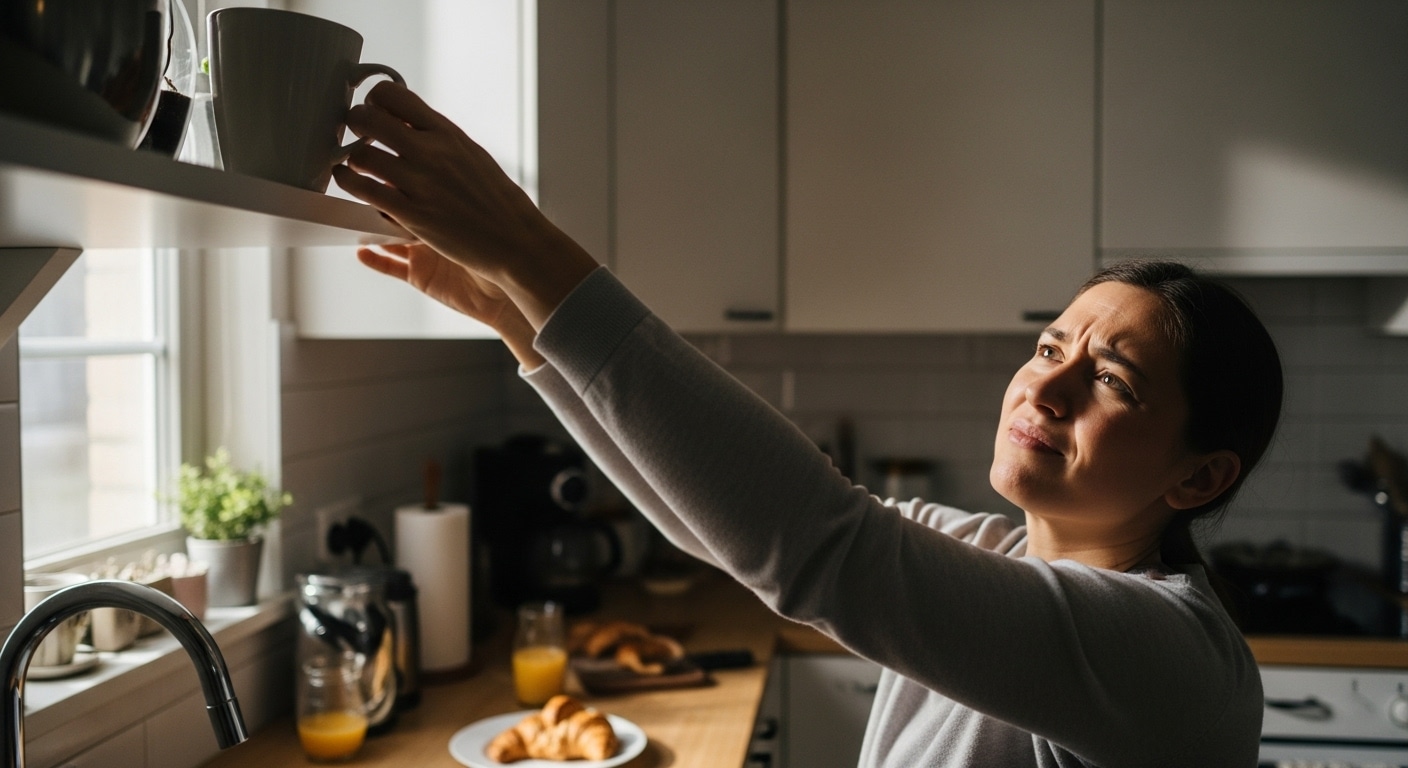 A women in pain reaching for a cup.