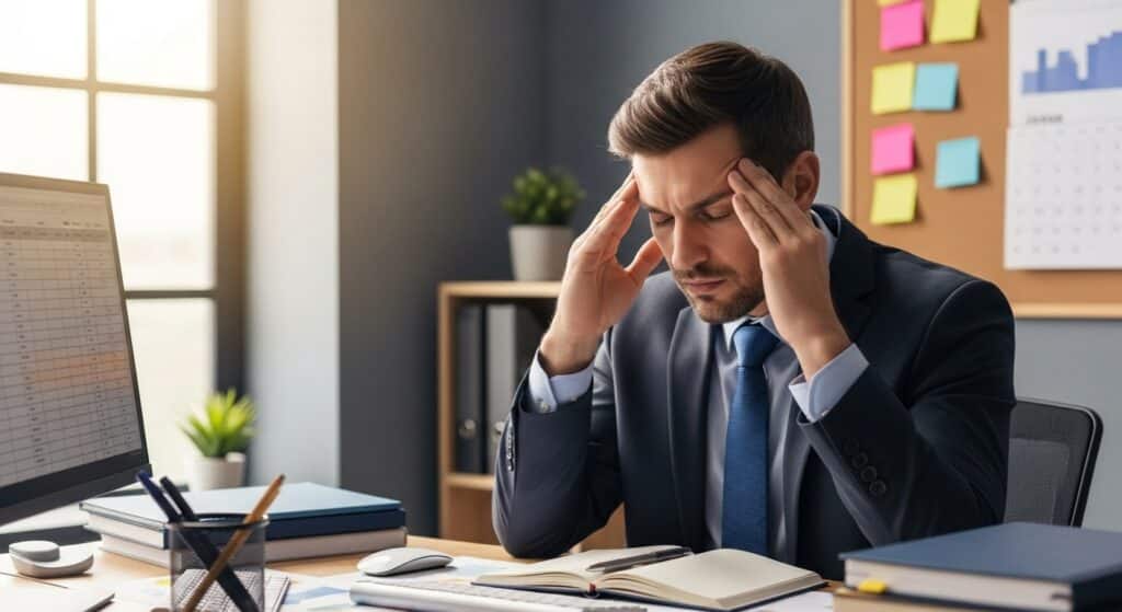 Man at work holding head in discomfort to represent invisible injuries hard to prove legally.