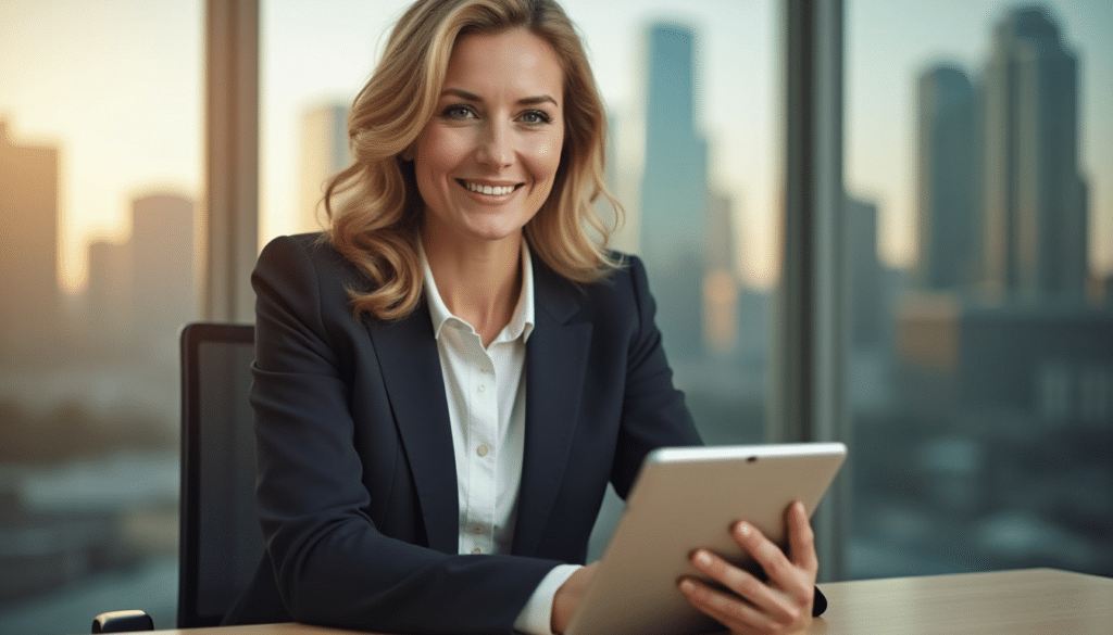 An attorney at her desk, with a tablet ready to help her client. 