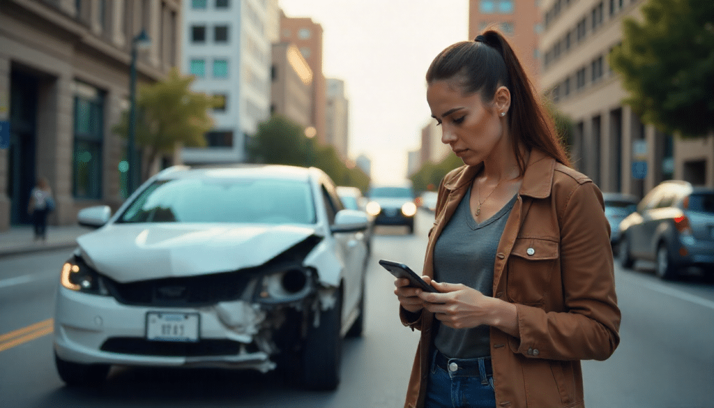 A distressed women on her phone after a car accident. 