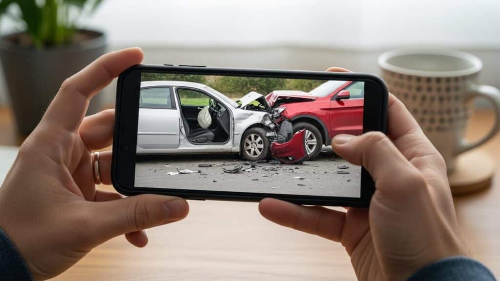 a person’s hands holding a smartphone, displaying a clear photo of a car accident scene on the screen