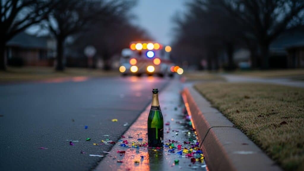 An empty champagne bottle and some colorful New Year's Eve confetti are scattered on the wet pavement near a curb.